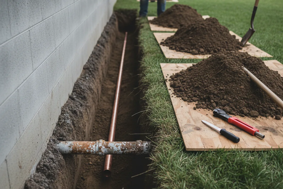 Excavated water line trench during Water Softener Installation in Reform